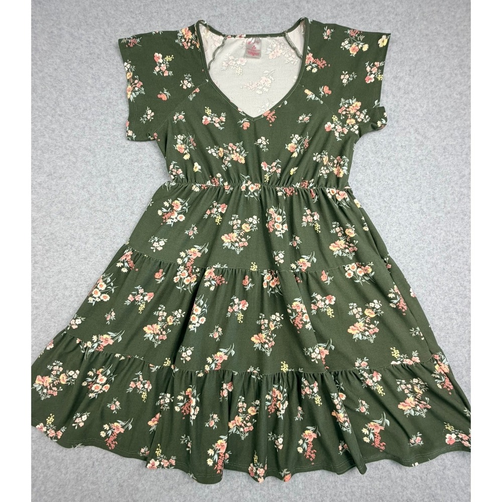 Cottagecore Green Floral Tiered Mini Dress V-Neck Short Sleeve Medium 7-9